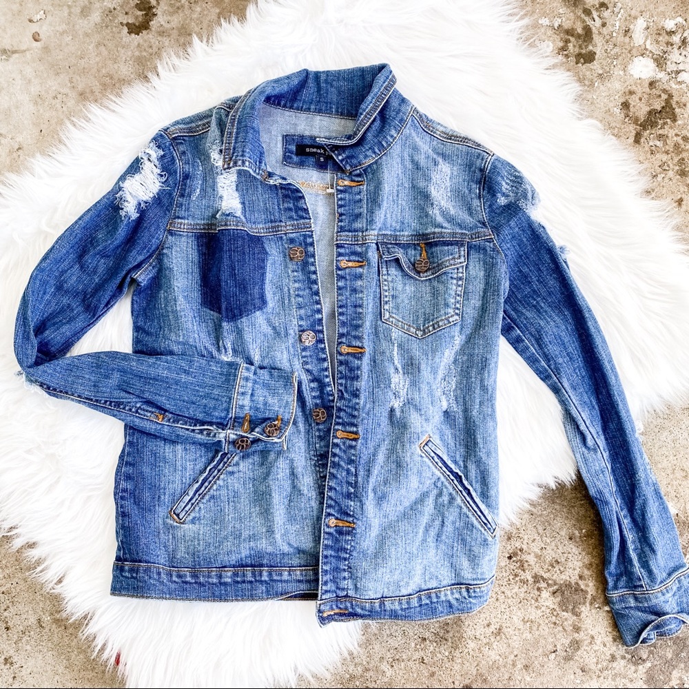 Sneak Peek Distressed Washed Denim Jacket Gem
